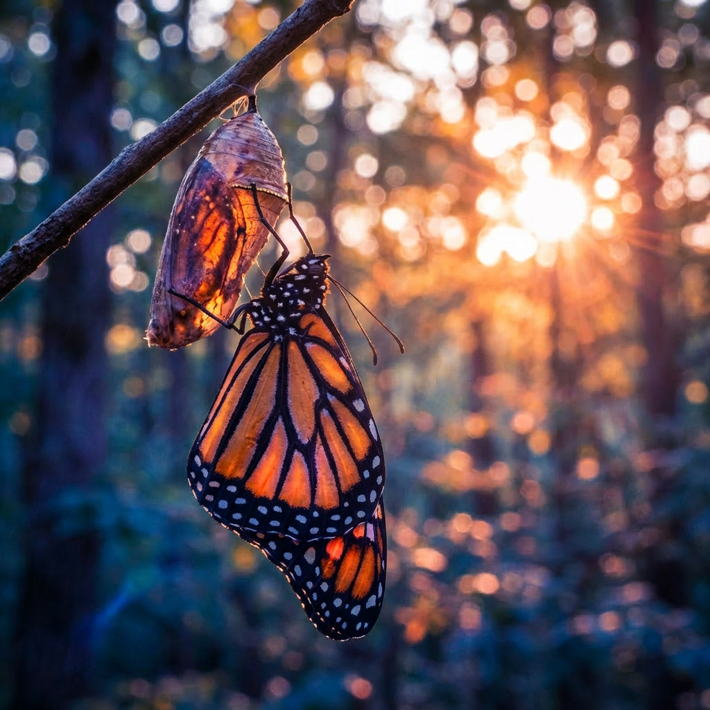 Monarch butterfly hanging from its empty chrysalis in a sunlit forest.