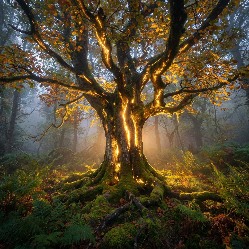 Mossy ancient tree with glowing golden light emanating from within its trunk and branches.